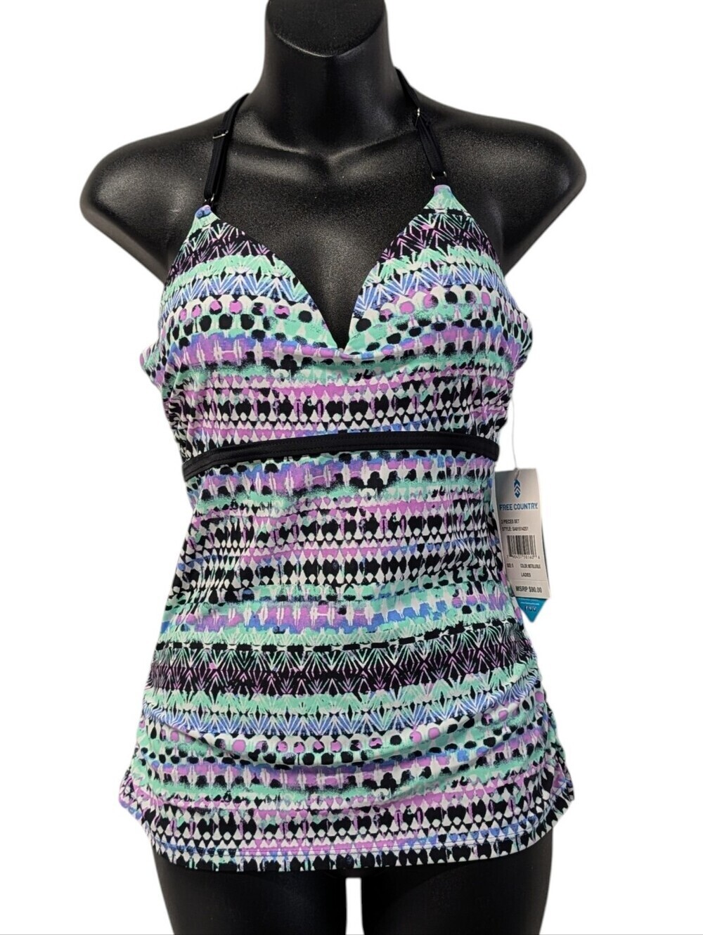 Free Country Tribal Print Halter Tankini Top Underwire Molded Cups Size S NWT
